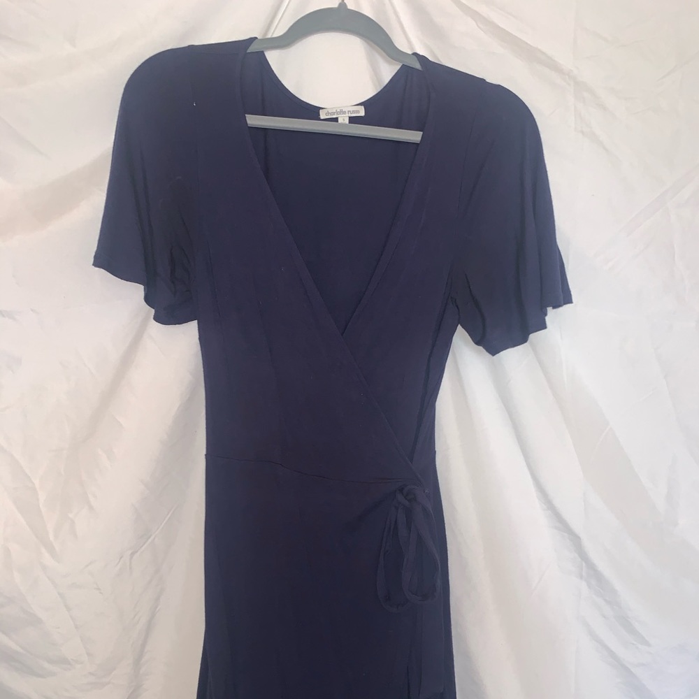 Navy wrap front & bow dress